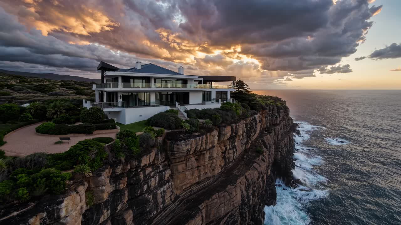 Modern Cliffside Mansion at Sunset