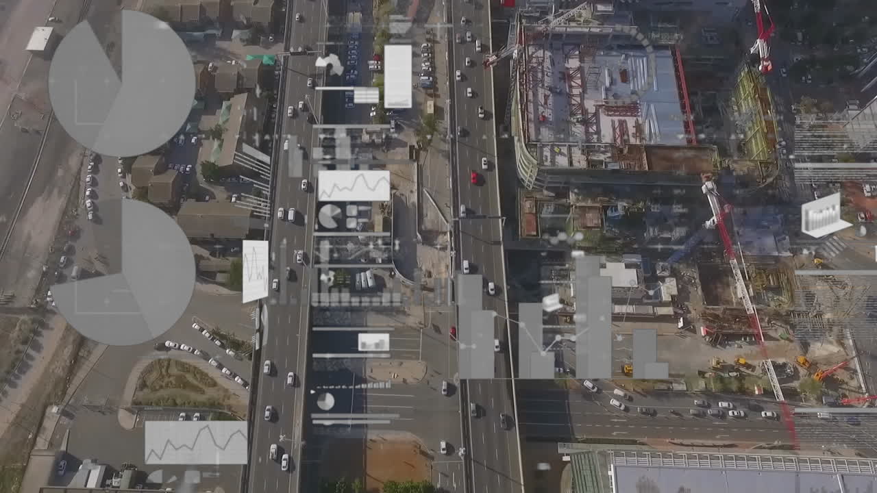 animación de la interfaz con el procesamiento de datos estadísticos en comparación con la vista aérea del tráfico urbano