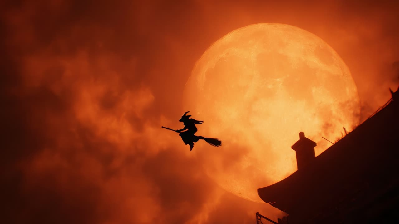 A Mysterious Witch Soars Through a Fiery Sunset, Leaving an Enigmatic Silhouette Against the Enormous Blood Moon and Eerie Clouds in a Hauntingly Beautiful Scene