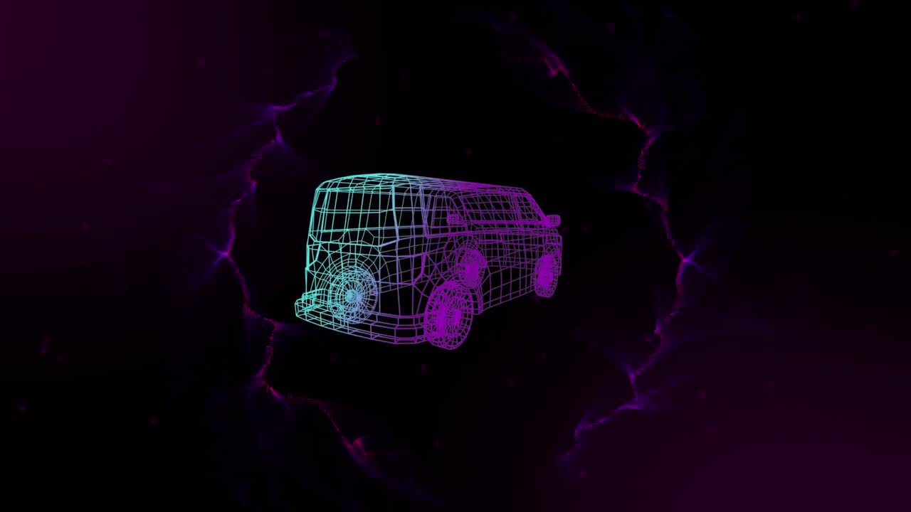 animación de 3d brillante azul y rosa dibujo de camión girando sobre la explosión de rastros de luz rosa