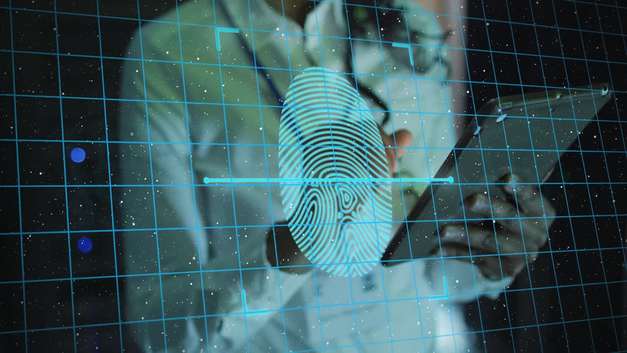 animación de procesamiento de datos sobre una mujer de negocios afroamericana que usa una tableta