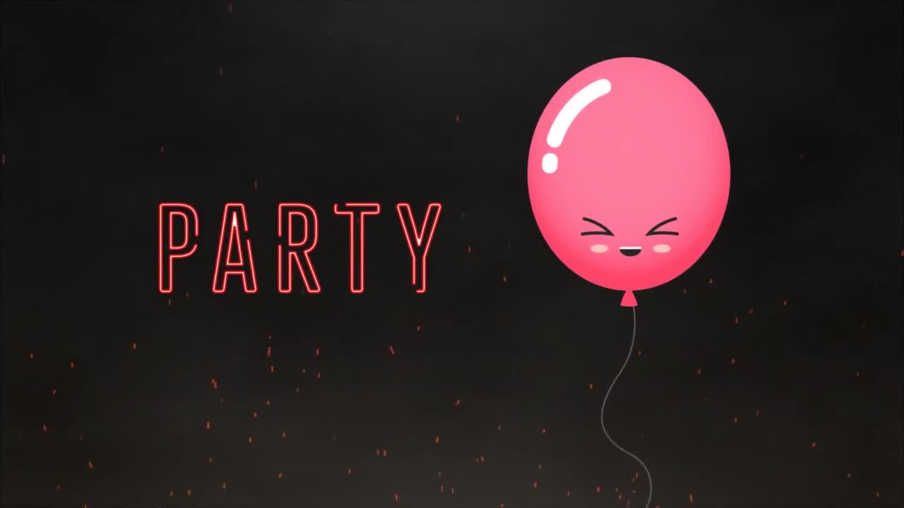 검은 바탕에 분홍색 풍선 위에 파티 텍스트의 애니메이션