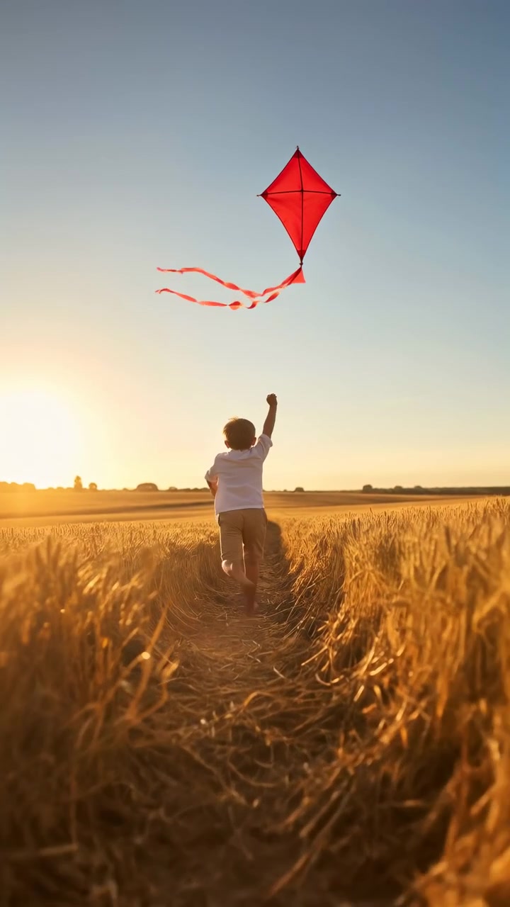 Una figura in silhouette si muove attraverso l'erba alta con un aquilone rosso che fluttua sopra, catturata da un ampio punto di vista con luce solare splendente, orizzonte aperto, colori naturali e movimento dinamico all'aperto durante la sera.