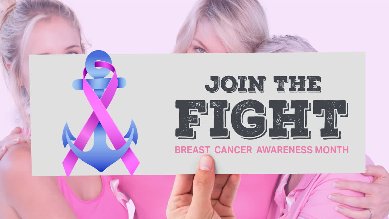 분홍색 리본  ⁇ 커 로고와 유방암 텍스트의 애니메이션 다양한 여성 그룹의 그룹