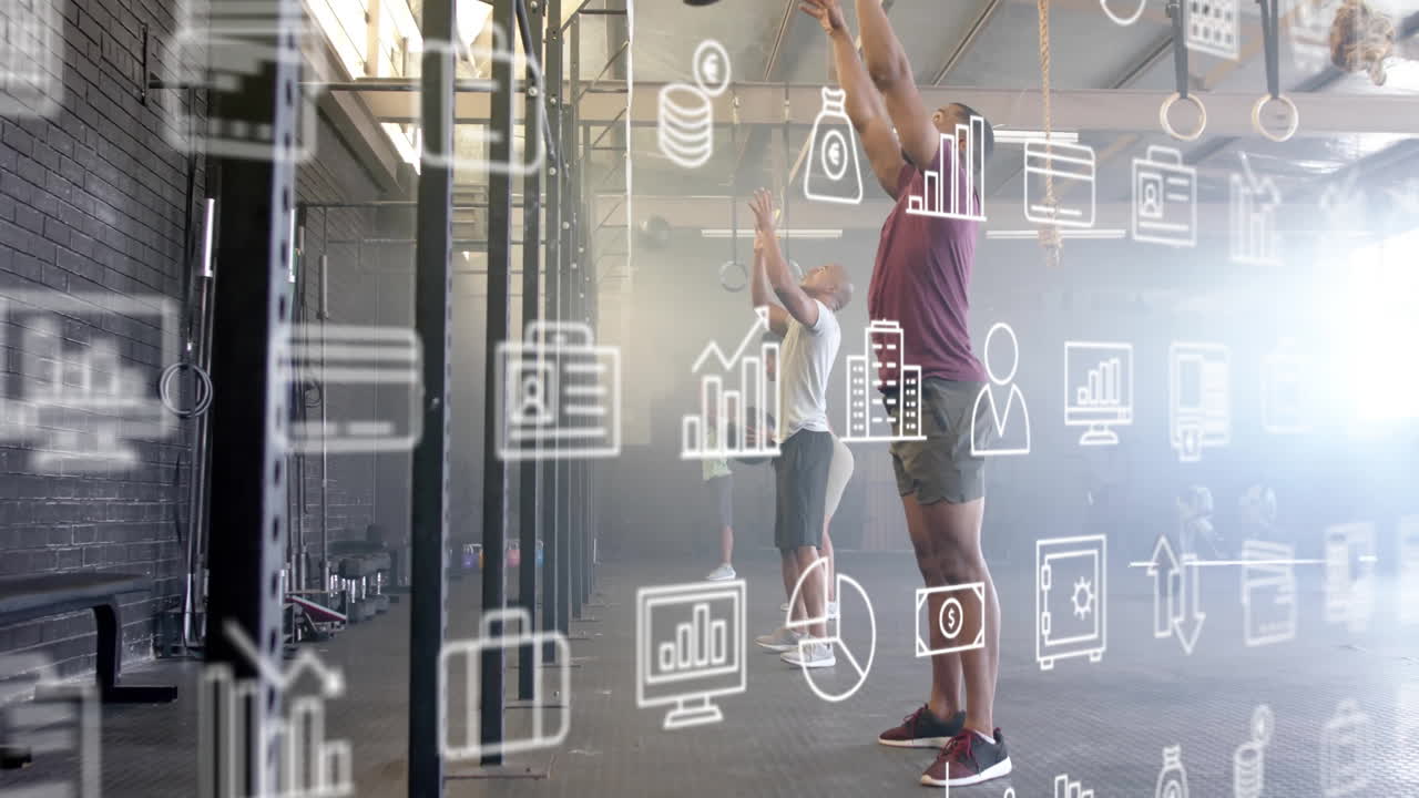 Exercising in gym, people with digital business animation overlaying scene