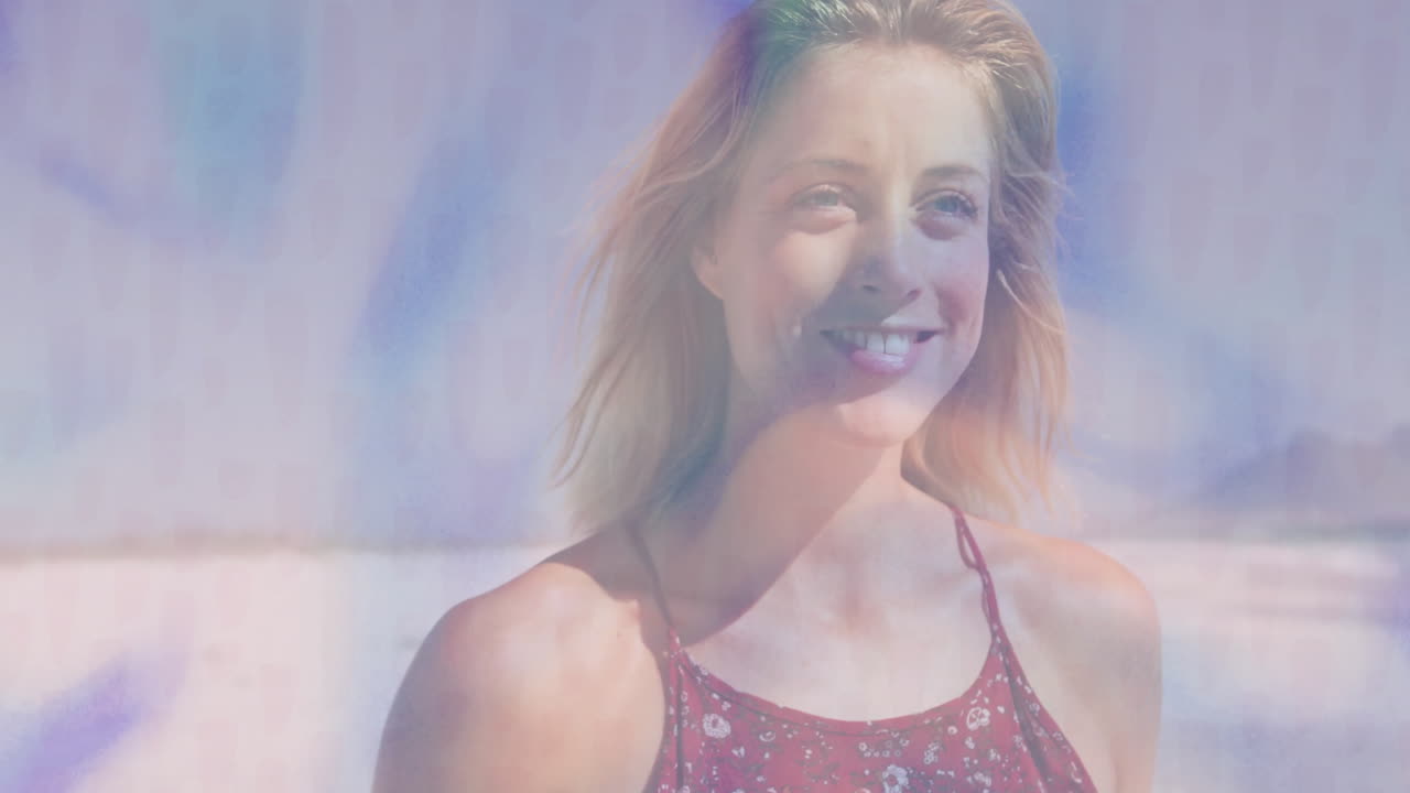 Wearing red dress, woman smiling with abstract blue and purple animation overlay