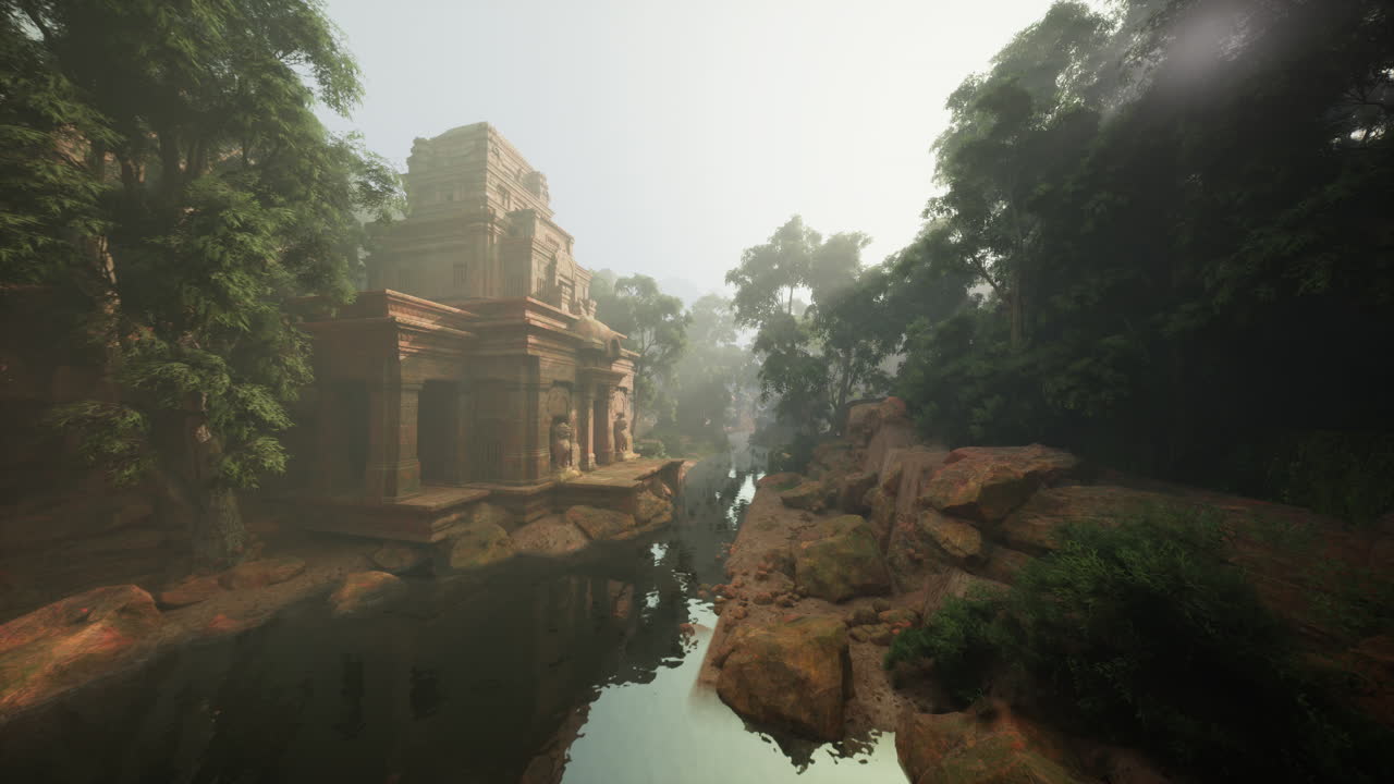 Calm riverside temple surrounded by lush natural environment pristine sanctuary