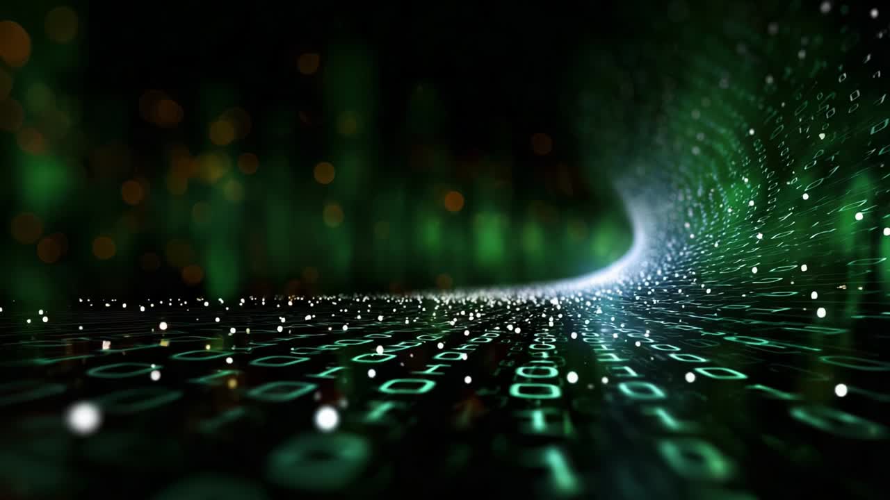 Ett fascinerande digitalt landskap fyllt med kaskader av binära koder, virvlande grönt ljus och glittrande partiklar, vilket skapar en omslutande upplevelse av dataflöde och teknologiskt djup