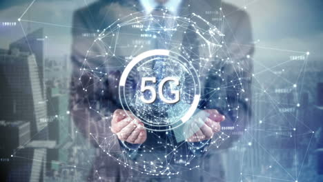 5g mostrado en un círculo con un hombre de negocios en el fondo