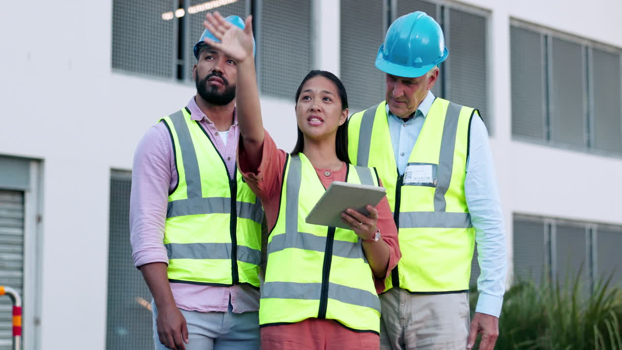 Engineering, tablet and team of construction