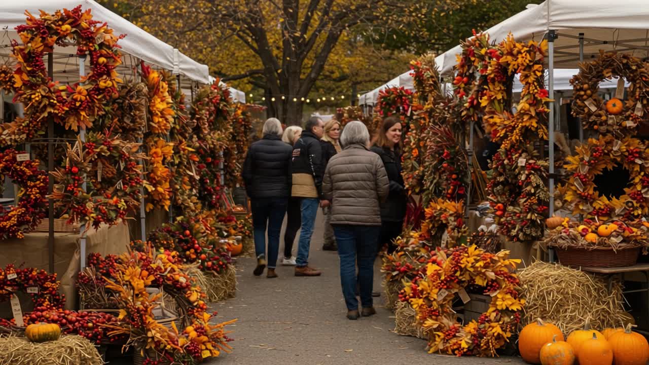 Autumn Market with Festive Fall Decorations and Shoppers