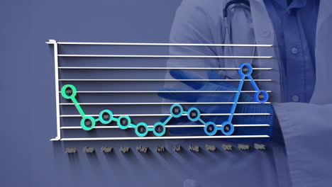 doctor with stethoscope analyzing monthly data trends on line graph in office
