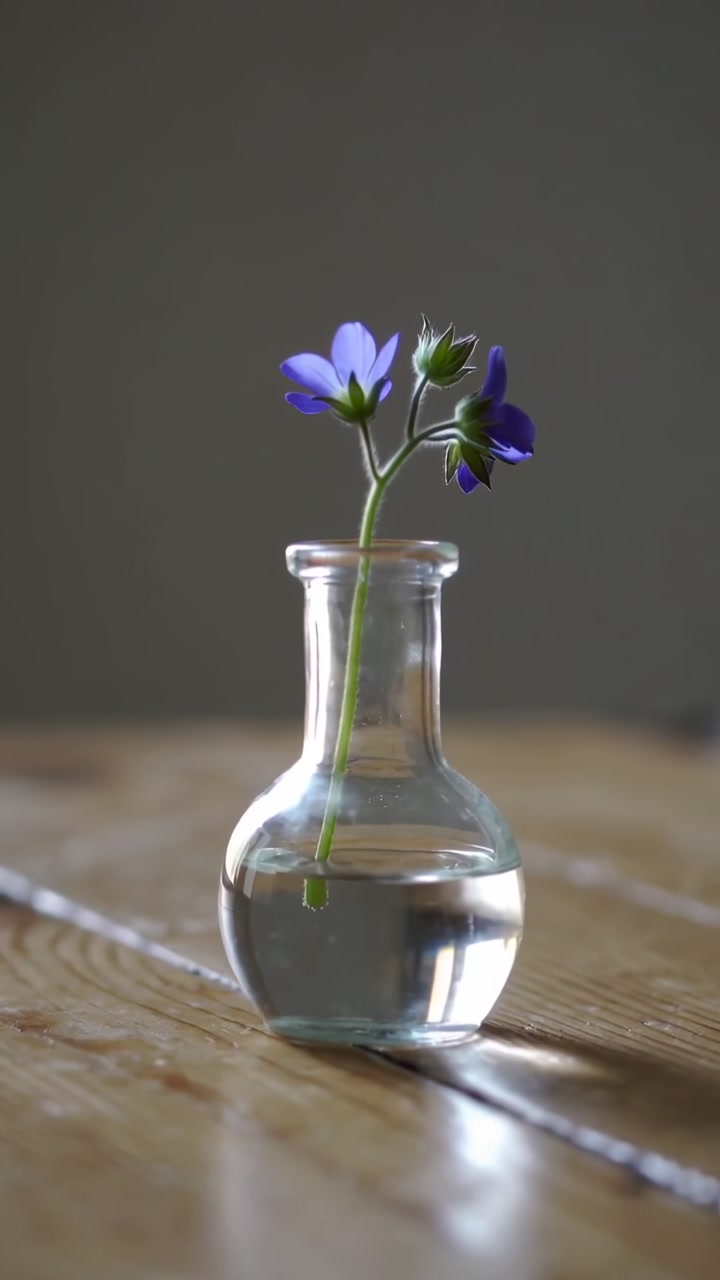 Vertical video: Shifting frame centering vase with stem and blue blooms on table, water glinting