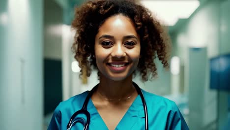 a female doctor in a blue scrubs smiling at the camera