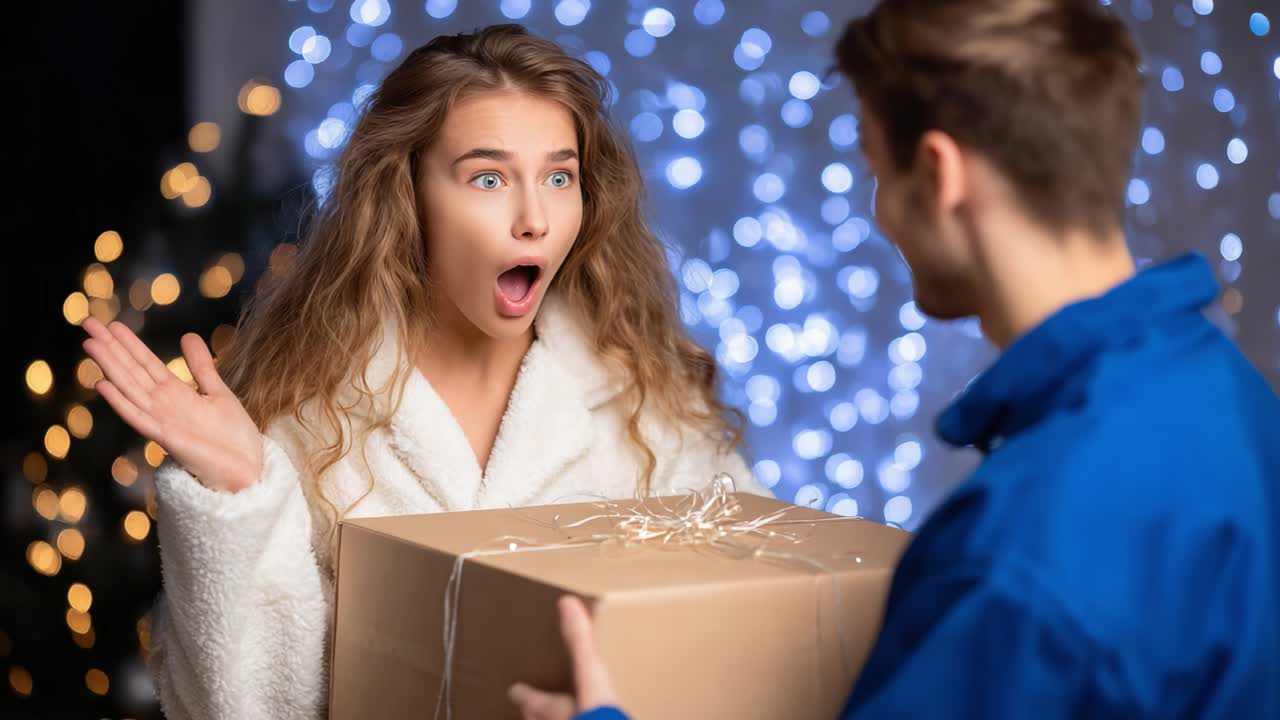 Joyful Surprise: A Young Woman's Reaction to Receiving a Gift from a Deliverer During a Festive Celebration with Twinkling Lights in the Background