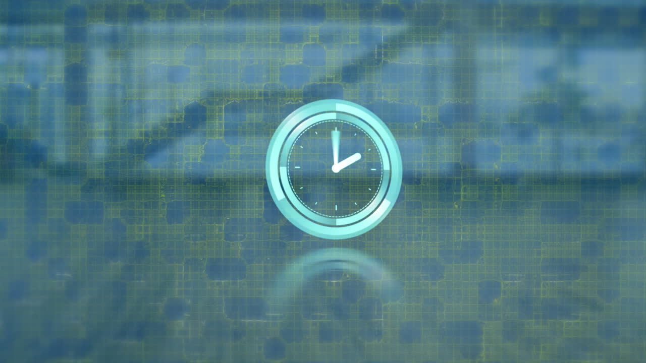 Animation of clock and data processing over empty office