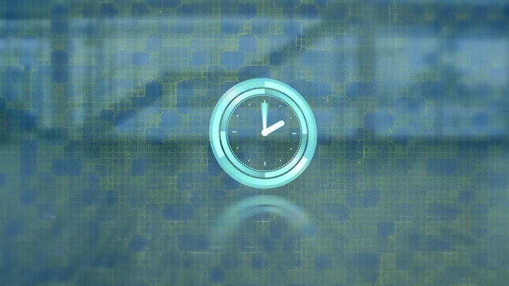 Animation of clock and data processing over empty office