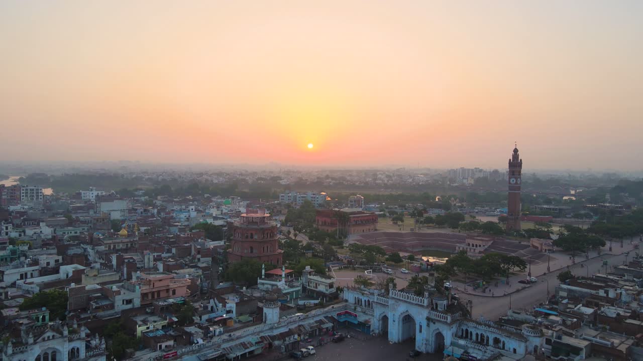 Aerial drone shot of Lucknow city, with the iconic Clock Tower standing tall amidst the cityscape.
