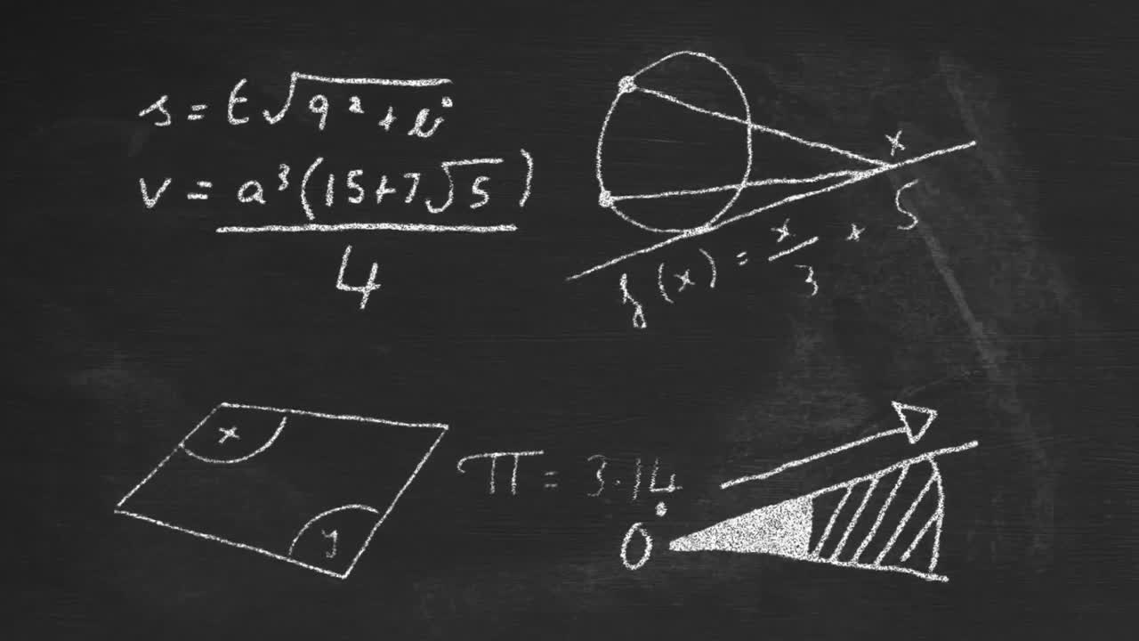검은색 판판 배경에 움직이는 수학 수식의 애니메이션