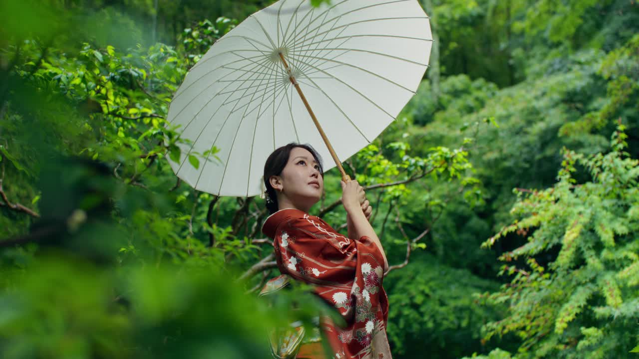 Woman in Kimono with Umbrella in a Forest