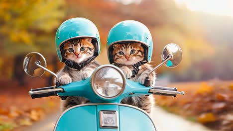 dos gatitos en un scooter azul