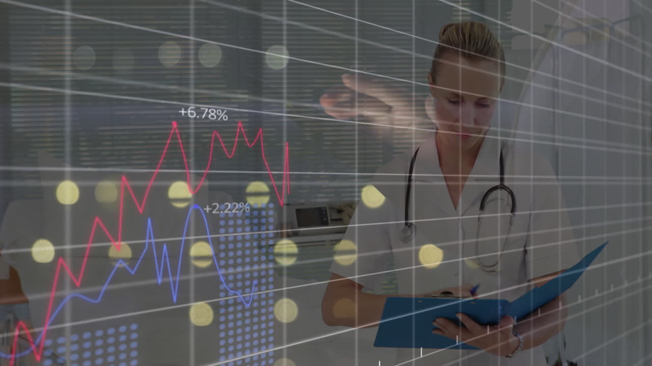 Female doctor reading blue folder in medical clinic, with white grid lines and animated data charts