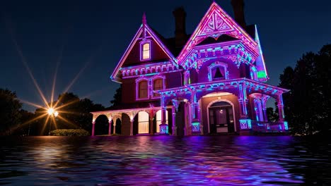 historic house flooded at night with colorful lights