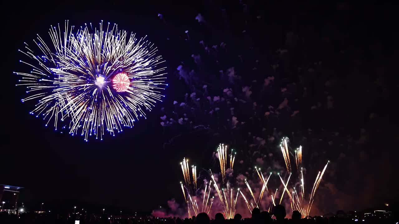 Wide-angle video capturing vibrant fireworks exploding in the night sky, with silhouettes of a crowd