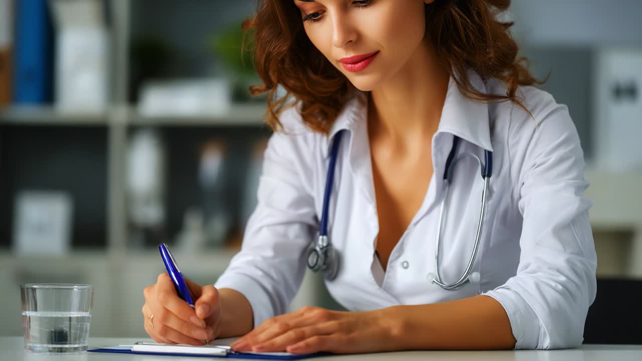 Dottoressa intenta a scrivere concentrata a una scrivania, a dimostrazione di professionalità e dedizione in un ambiente clinico mentre tiene in mano una penna e prende appunti su un blocco appunti con un bicchiere d'acqua nelle vicinanze