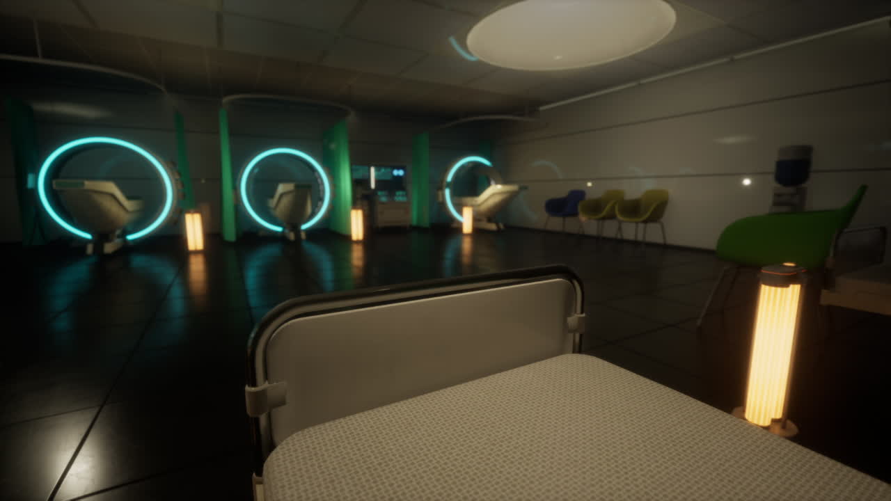 Futuristic hospital with sleek design and advanced patient care facilities