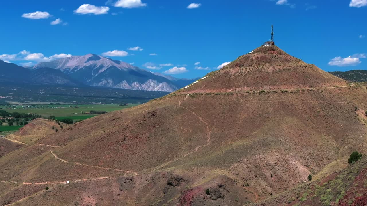 Collegiate Peaks 14ers S Mountain Tenderfoot Hill Salida Colorado aerial drone parallax upward motion Buena Vista Rocky mountain town Chaffee County USA Arkansas River blue sky sunny clouds daytime