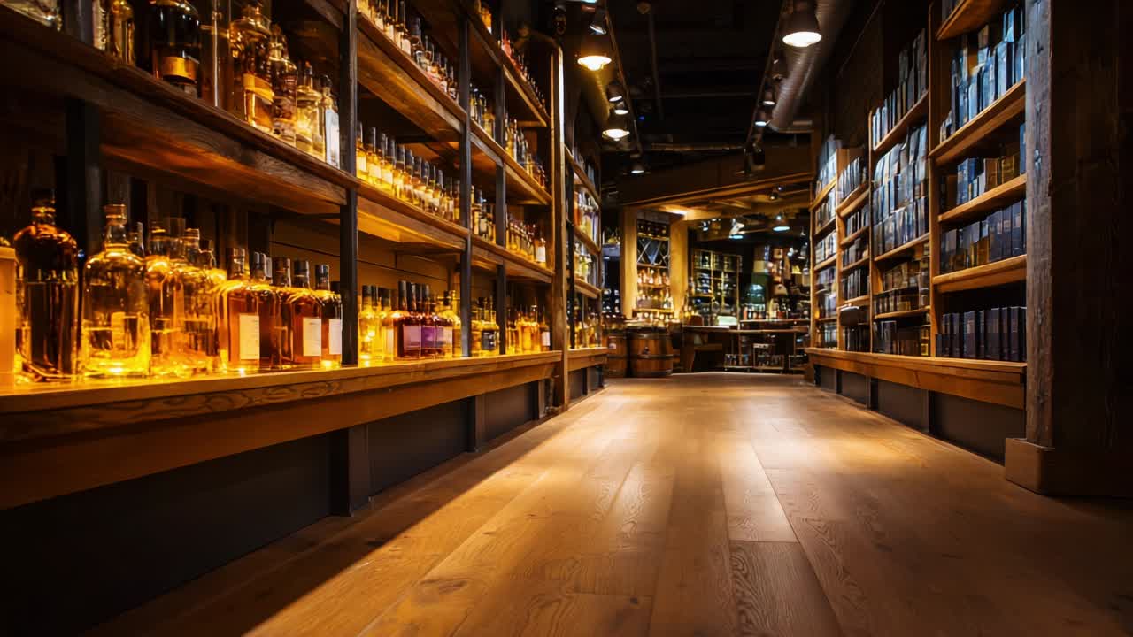 Liquor Store with Wooden Shelves and Whiskey Bottles