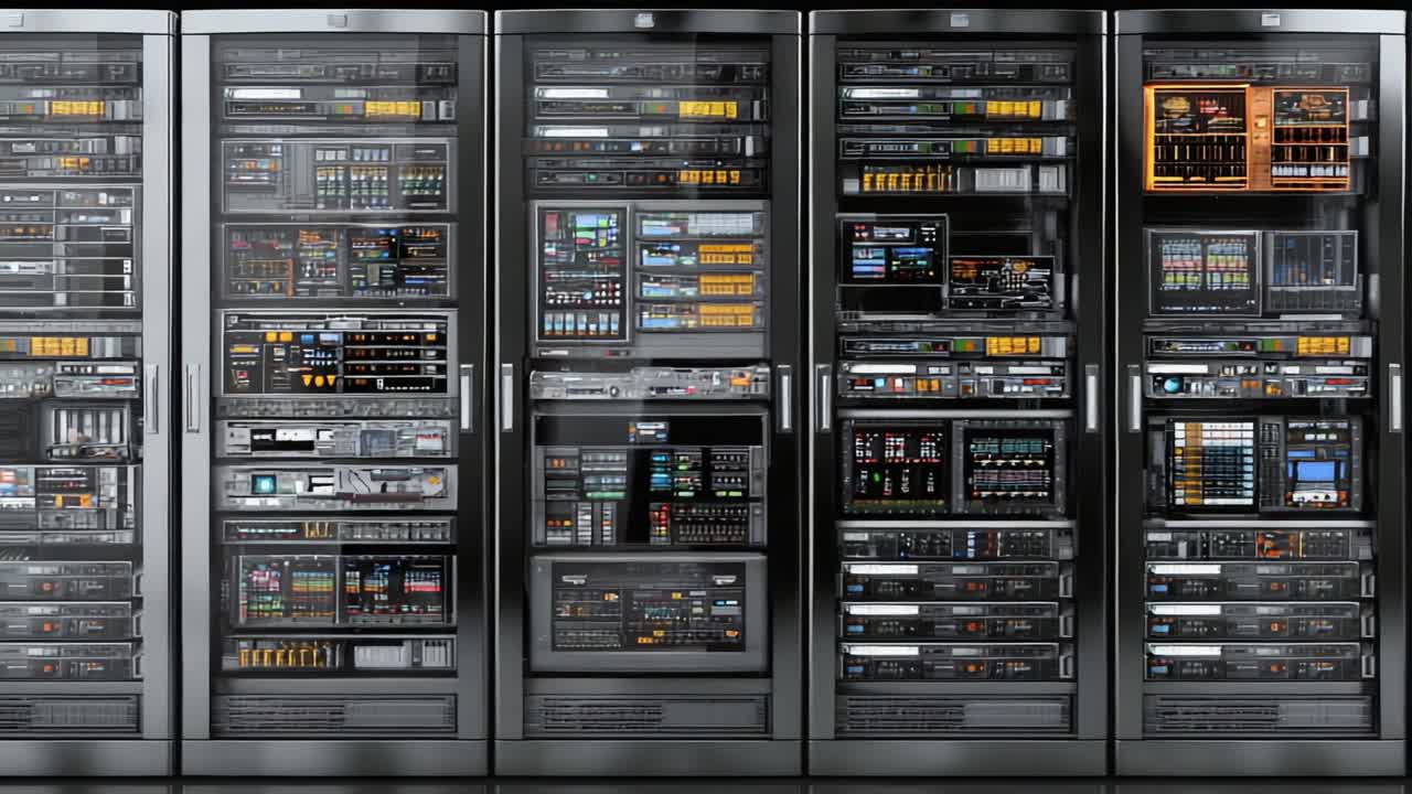 A Visual Overview of Advanced Audio-Visual Equipment Racks Showcasing a Complex Array of Audio, Video, and Control Systems in a High-Tech Environment
