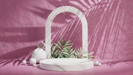 Marbled-archway-platform-balls-with-palm-frond-shadow,-pink-textured-background