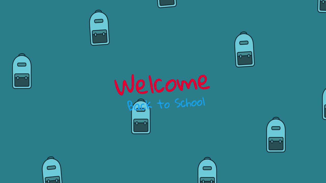 초록색 배경에 있는 학교 아이콘 위에 학교로 돌아오는 것을 환영하는 애니메이션