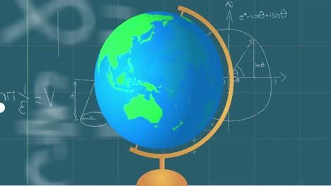 Animation-of-globe-model-icon-and-mathematical-equations-on-grid-network-against-blue-background