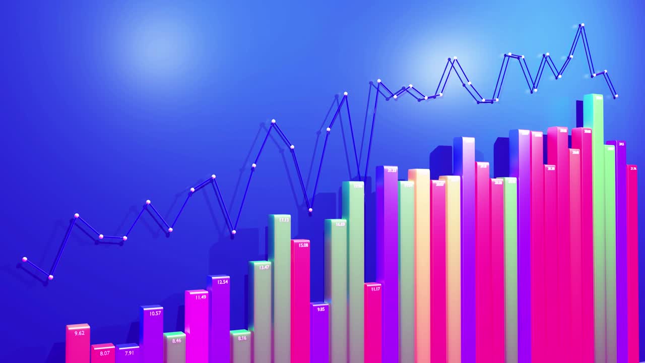 hermoso fondo con infografías abstractas en bucle. barras, contadores y gráficos. concepto de crecimiento, progreso hacia adelante. bg financiero de columnas multicolores y gráficos para programas analíticos