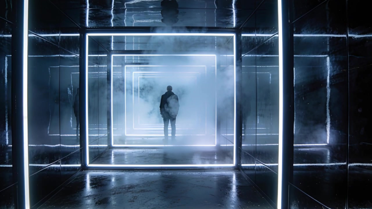 Stepping man wearing jacket moving forward in mirror tunnel with lit frames, fog machine starting