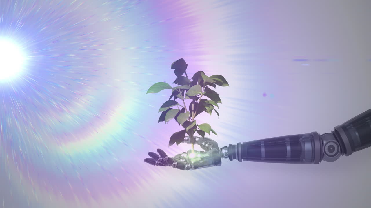 animación de una planta en crecimiento en la mano del brazo del robot, con luz prismática en fondo gris