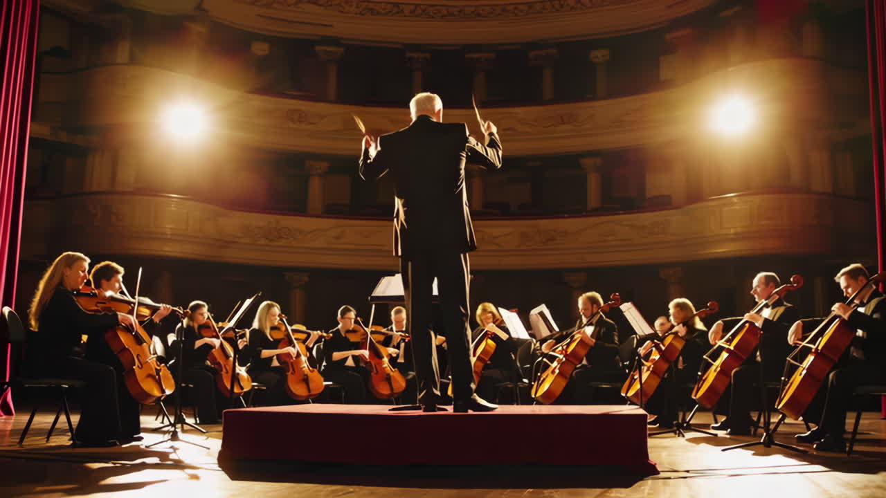 Orchestra Performance with Conductor on Stage