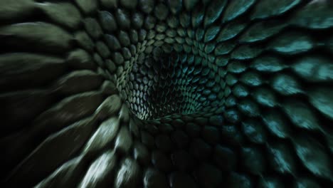 3d tunnel, snake tunnel, green reptile skin, seamless looped visuals