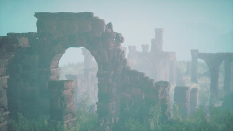 mysterious stone ruins in the mist