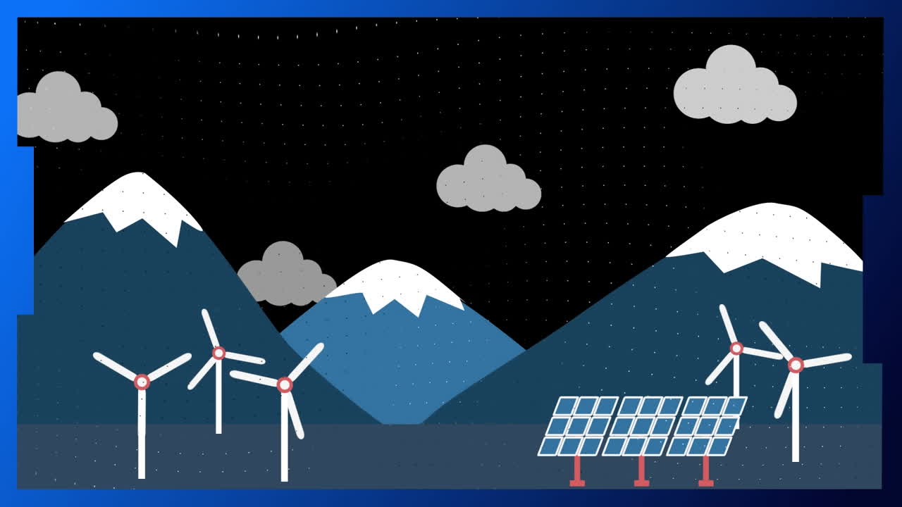 Animation of windmills, solar panels and mountains, with blue and white lines passing, on black sky