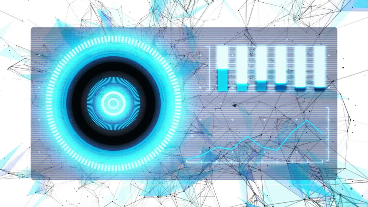 animazione dell'elaborazione dei dati con scansione dell'ambito su una rete di connessioni su sfondo bianco.