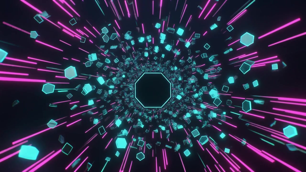 Abstract Neon Tunnel with Floating Geometric Shapes and Light Streaks