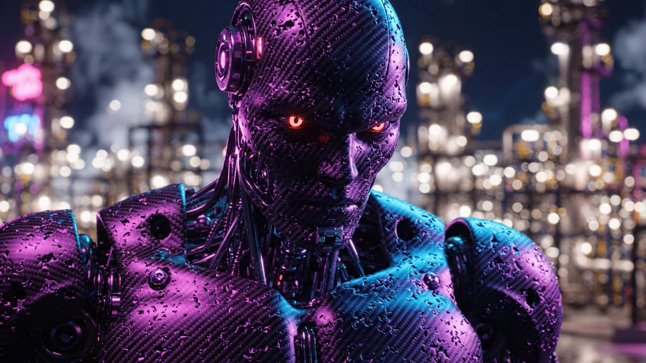 Figura robotica futuristica con occhi rossi luminosi su uno sfondo industriale illuminato al neon, che cattura l'essenza della tecnologia e dell'intelligenza artificiale in un vivace contesto urbano