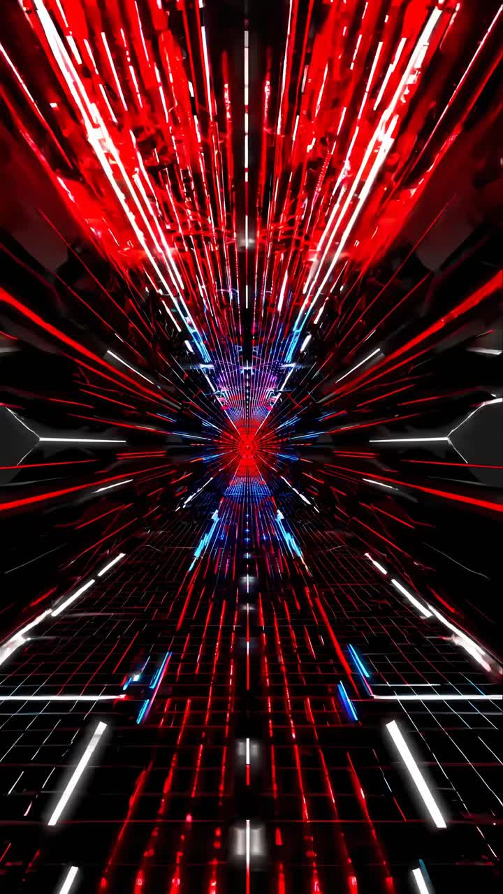 Futuristic tunnel with red and blue neon lights, creating a dynamic, immersive video game vibe
