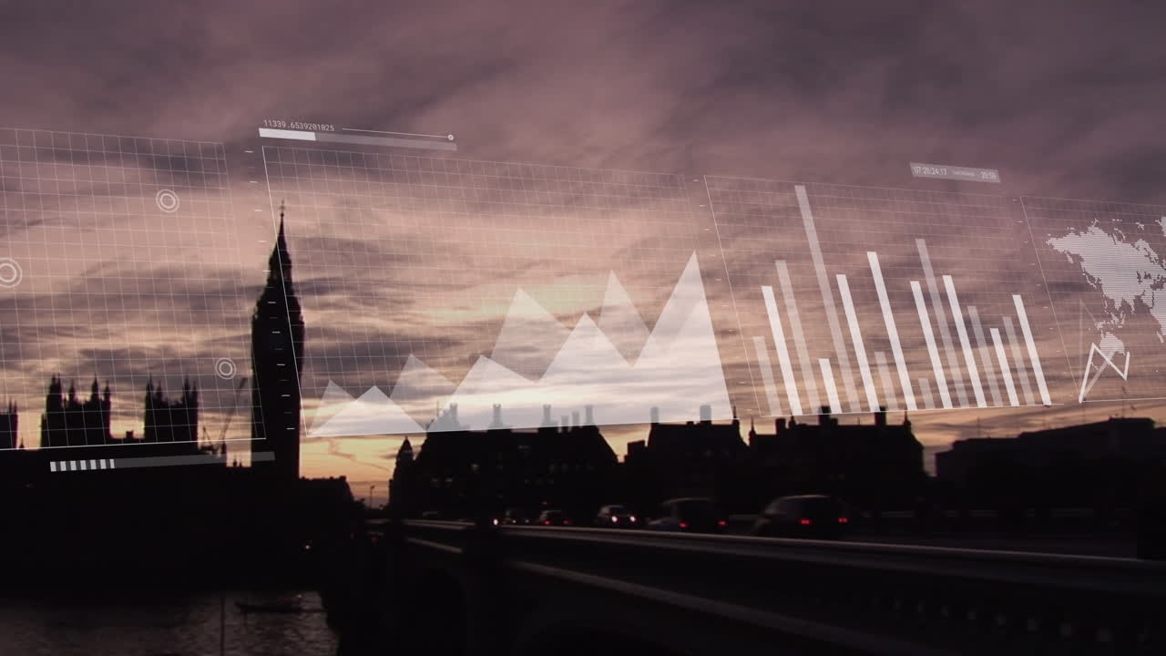 Animation der Datenverarbeitung über einer Stadtlandschaft von London