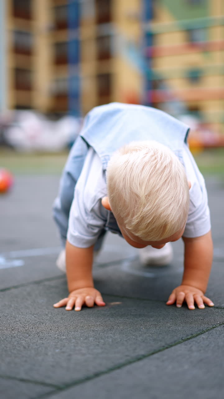 Funny blond toddler boy stands on all fours at the playground. Cute kid stands up and runs away. Vertical video.