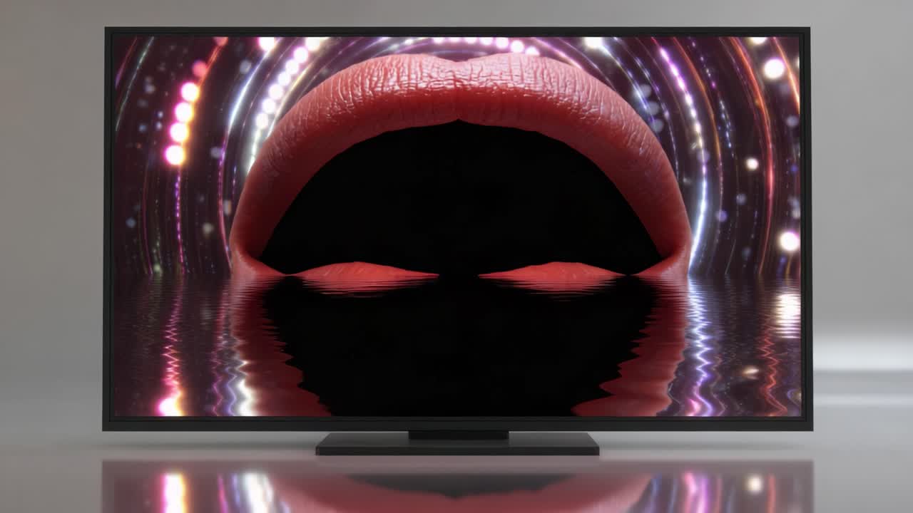 Mesmerizing Red Lips Emerge from a Shimmering Background in a Captivating Visual Display, Evoking Themes of Beauty, Glamour, and Fantasy Artistry